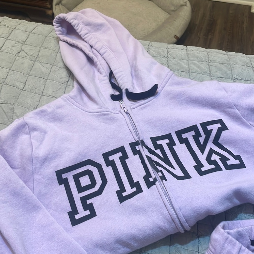 Pink by Victoria Hoodie with matching cuffed shorts with drawstring.